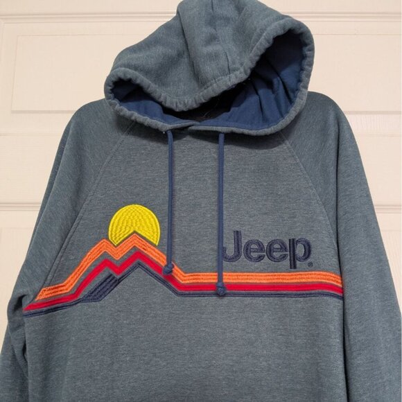 Buck Wear Jeep Mountain Stripe Raglan Hoodie Mens Size Medium Blue Cotton Blend - Picture 2 of 11